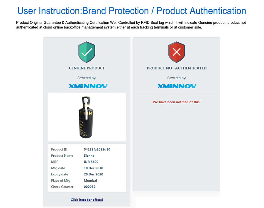 Product Original Guarantee   & Authenticating Certification Well Controlled by RFID Seal tag which it will indicate Genuine   product, product not authenticated at cloud online backoffice management system either at each   tracking terminals or at customer side.